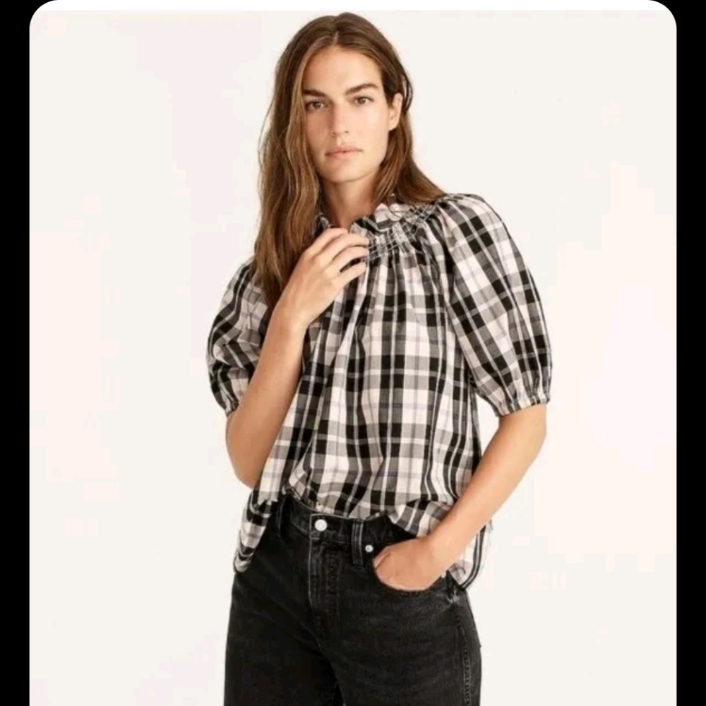 J Crew Friday Smocked Neck Plaid Puff Sleeve Top XS